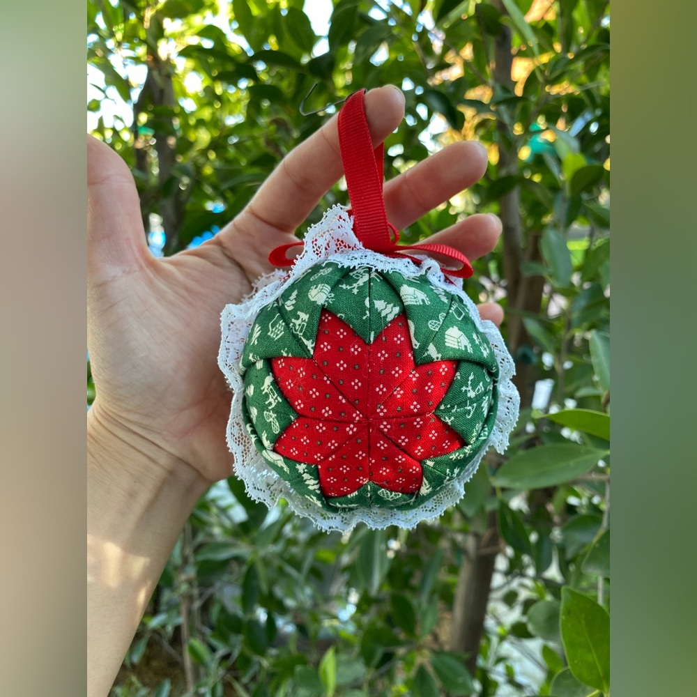 Vintage-Handcrafted Folded Quilted Fabric Christmas Ornament With Lace